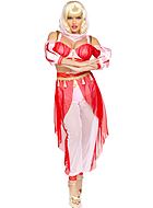 Female genie in a bottle, costume top and pants, tassels, cold shoulder
